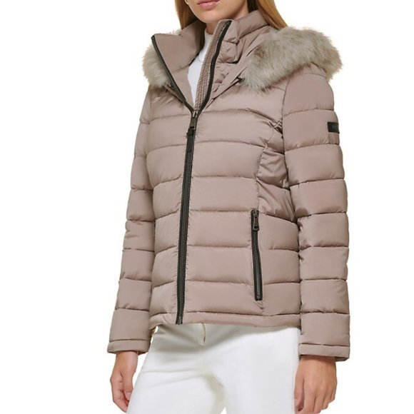 DKNY Faux Down Water Resistant Puffer Jacket Faux Fur Trim Hood for Wome… - Picture 3 of 5